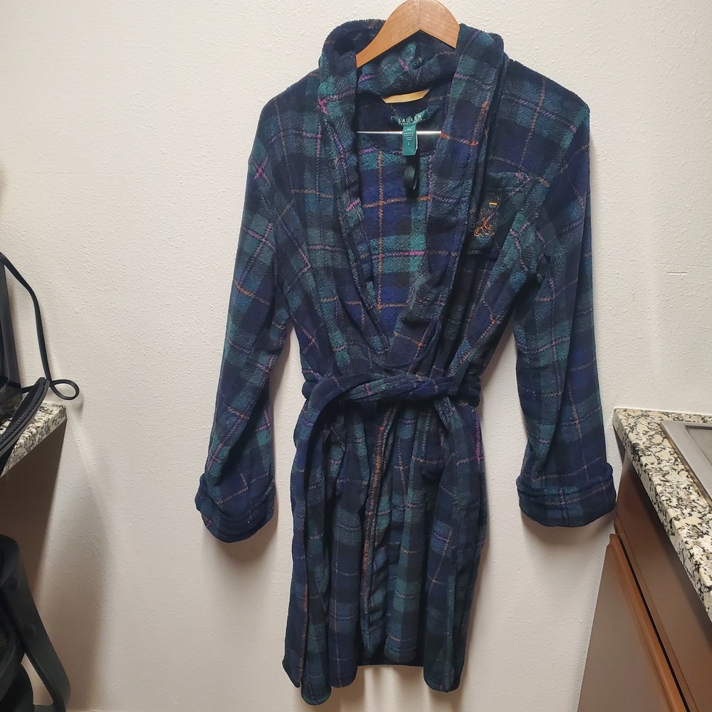 Lauren Ralph Lauren Womens Large Plush Fleece Robe Long Sleeve Plaid Blue Green - Picture 2 of 8